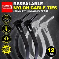 Cable Ties Releasable Black 250mm x 7.2mm 12pc