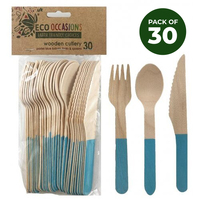 Light Blue Handle Wooden Cutlery - Pk 30