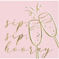 Bachelorette "Sip Sip Hooray" 16 Foil Stamped Beverage Napkins 2Ply 25.4cm x 25.4cm