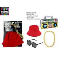 Boombox Dress-Up Set - Includes bucket Hat, Fake Sunglasses, gold chain and inflatable boombox