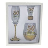 "50" Sparkle Gold Glassware Gift Set