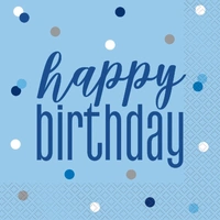 Blue Glitz Happy Birthday Lunch Napkins - Pk 16