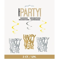 Gold & Silver Happy New Year Hanging Swirls (90cm) - Pk 3