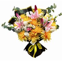 Yellow Mum and pink lily bouquet Height:70cm width:50cm
