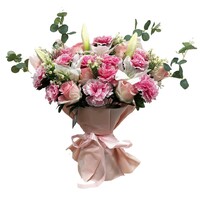 Pink carnation and white lily bouquet Height:70cm width:50cm