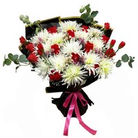 White Chrysanthemum & Red Rose Bouquet (70x50cm)