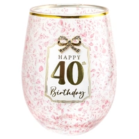 40th Birthday Stemless Pretty Bow Wine Glass - Gift Boxed