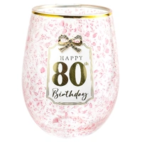 80th Birthday Stemless Pretty Bow Wine Glass - Gift Boxed
