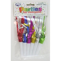 Laser Foil Frilled Party Whistles - Pk 6