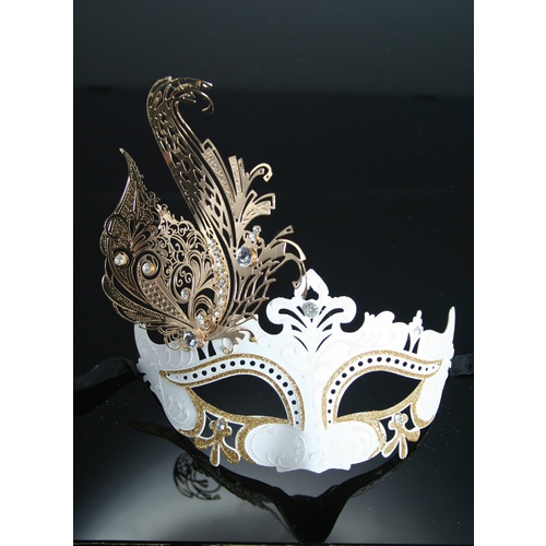 White Metal Masquerade Mask With Gold Glitter, Dimantés & Large Gold Metal Fan.