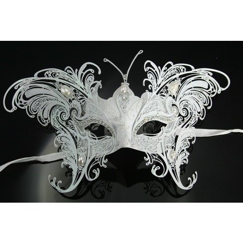 3D White Metal Butterfly Mask With Glitter Detail, Diamantés, and Pearls.