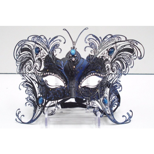 3D Ombré Black and Blue Metal Butterfly Mask With Glitter Detail, Diamantés, and Opals.