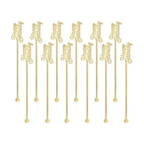 Happy Birthday Gold Plastic Drink Stirrers - Pk 12