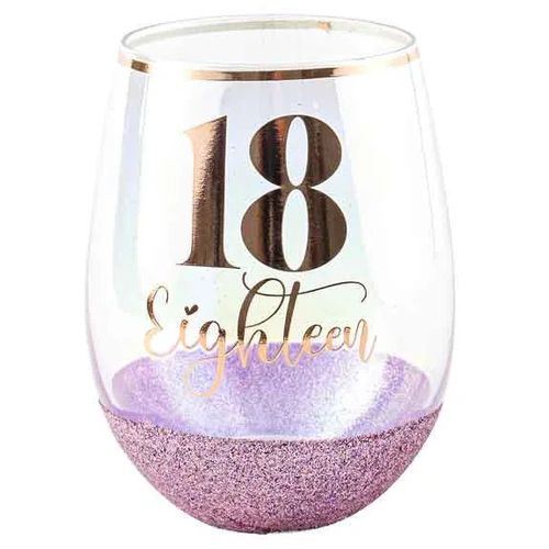18th Birthday Glitter Stemless Glass - Purple